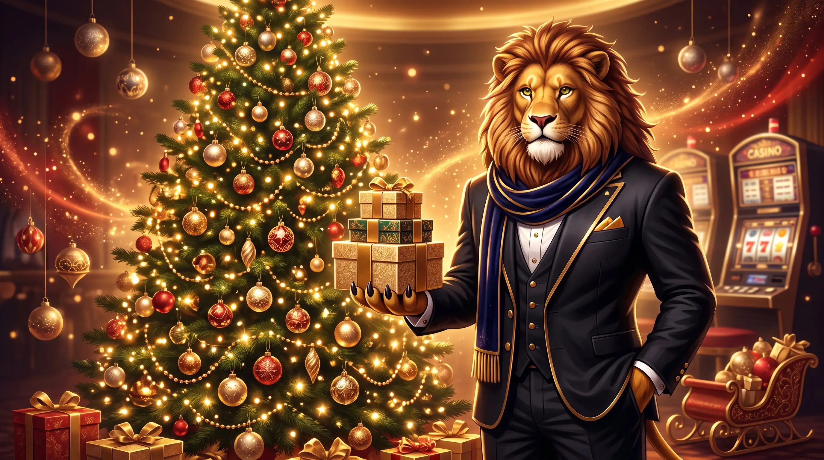 Leonardo the lion in a snowy festive casino village