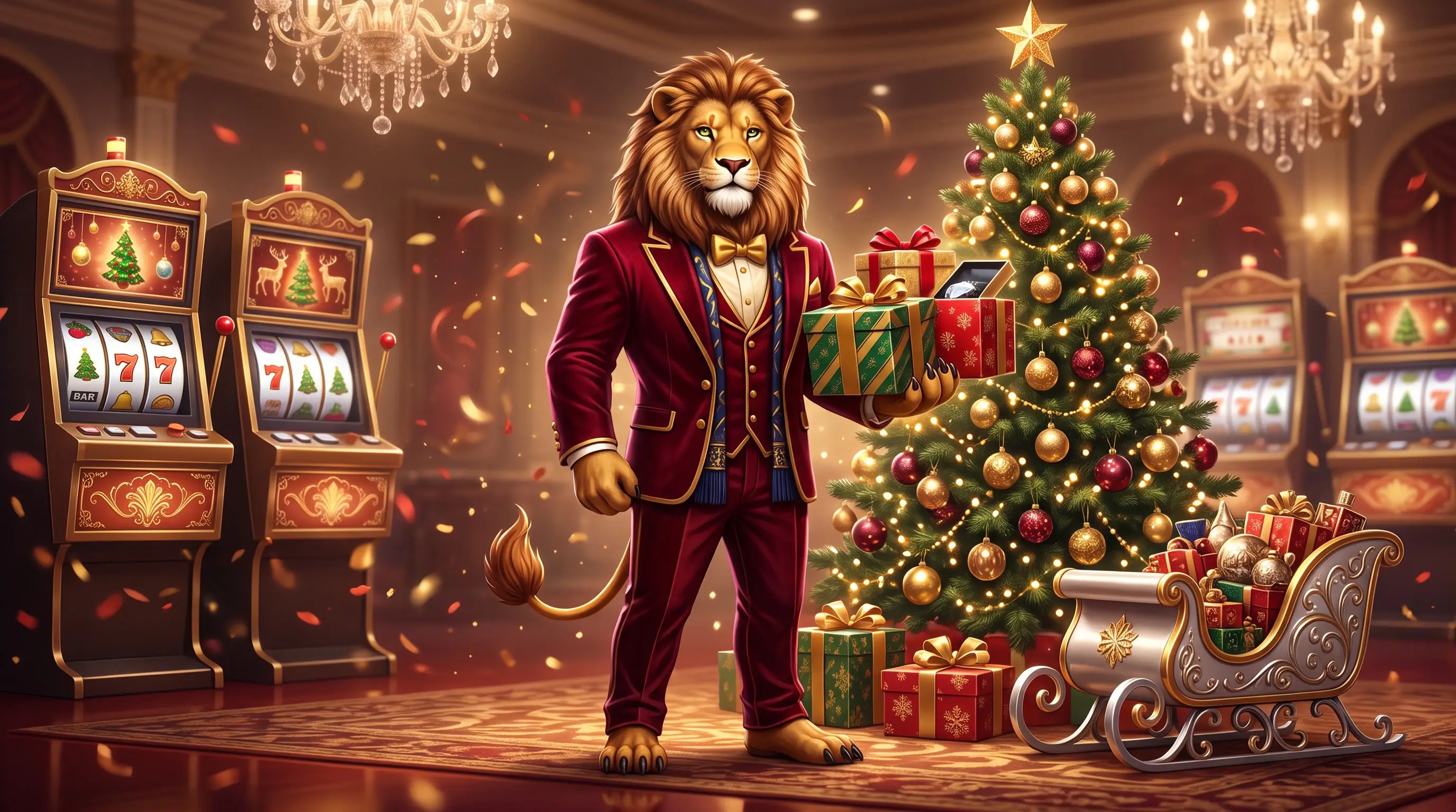 Leonardo the lion beside a glowing Christmas tree and wrapped gifts