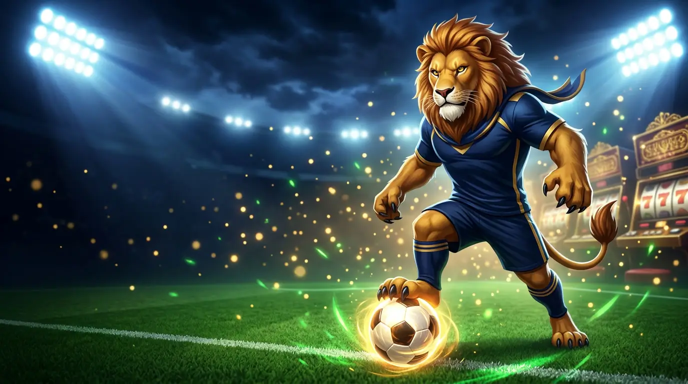 Leonardo the lion playing football under stadium lights