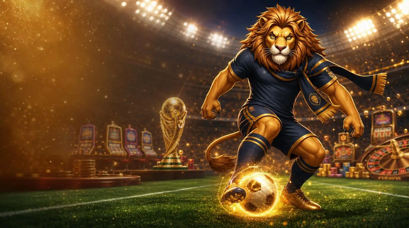 Leonardo the lion with a football in a magical stadium